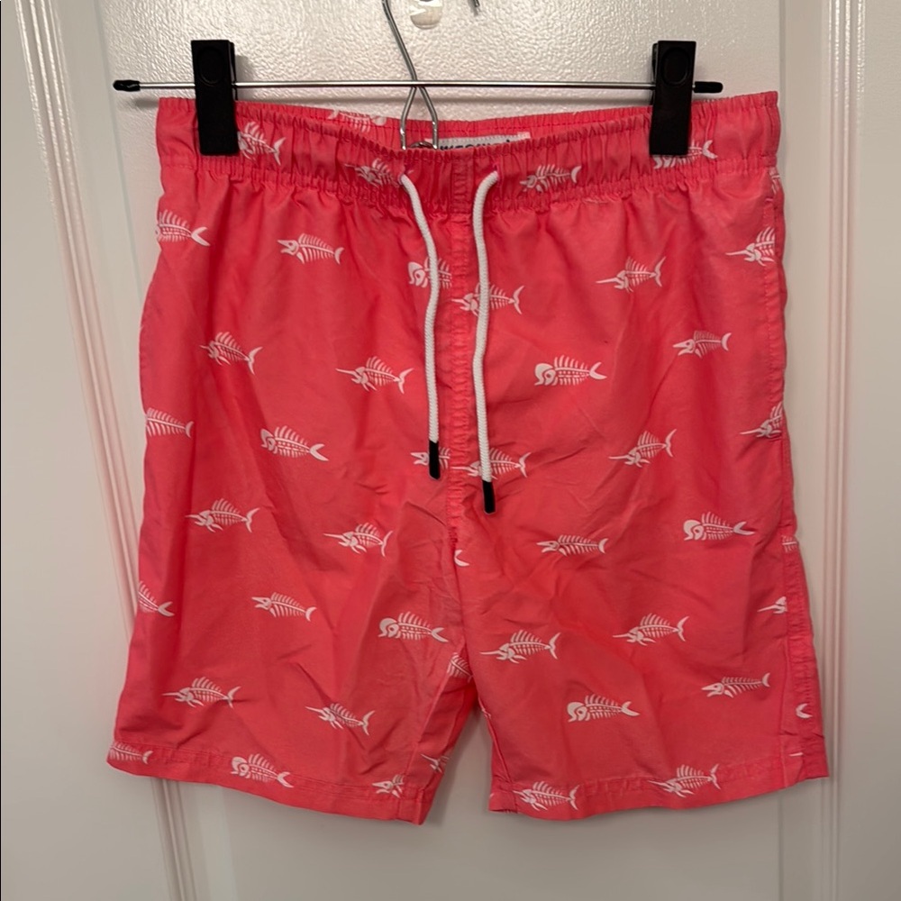Pink and White Nautical Swim Trunks with Elastic Waistband